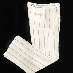 Armani linen wide leg striped pants.